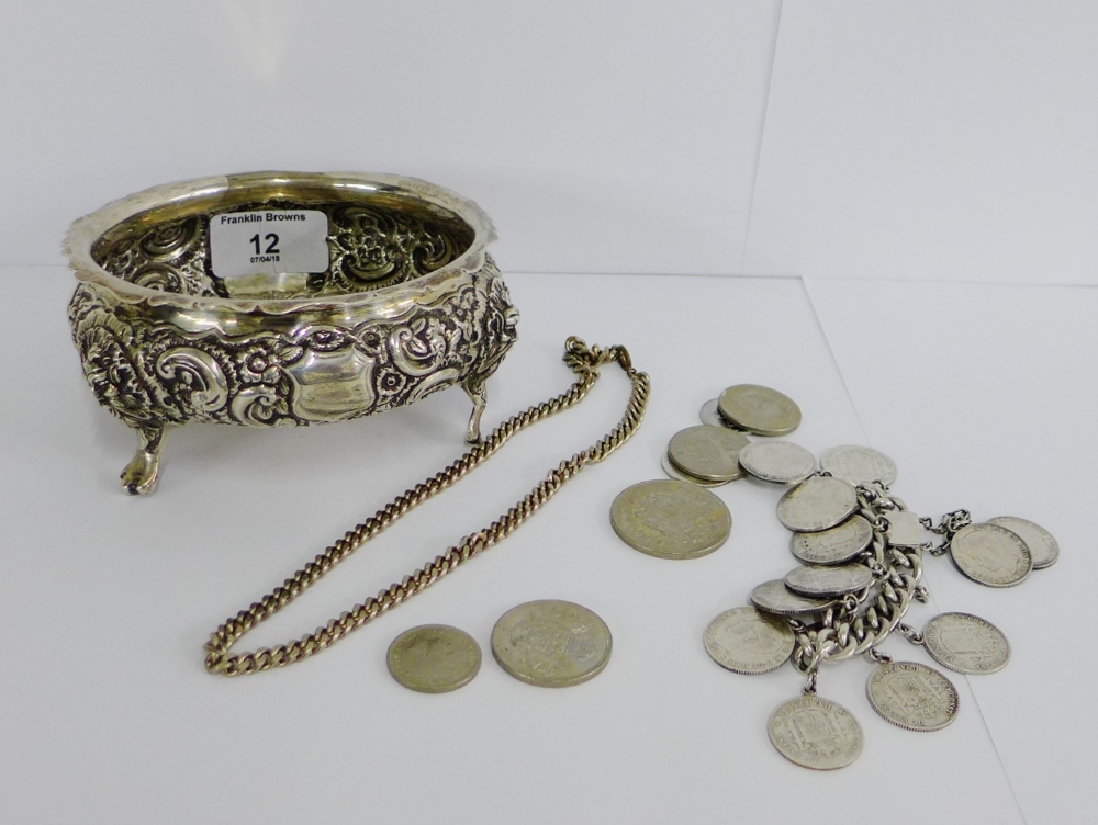 A Victorian silver bowl (a/f) together with a silver curb link bracelet hung with Spanish coins