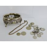A Victorian silver bowl (a/f) together with a silver curb link bracelet hung with Spanish coins
