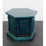 A blue painted wooden hexagonal block pedestal, 57 x 60cm