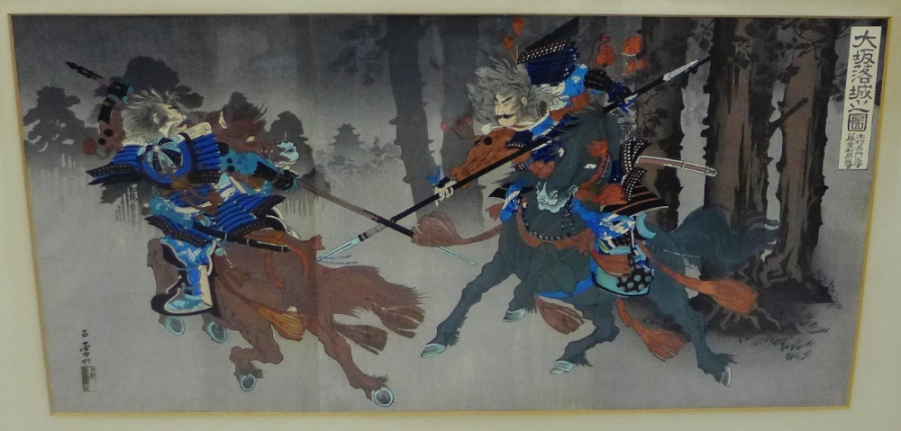 Samurai Warriors, late 19th century Japanese wood block tryptic print in glazed frame, 70 x 36cm