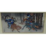 Samurai Warriors, late 19th century Japanese wood block tryptic print in glazed frame, 70 x 36cm