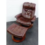 A brown leather Stressless style open arm chair with matching foot stool, 100 x 88cm (2)