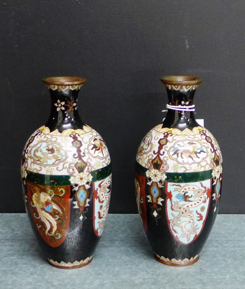 A pair of high shouldered baluster Cloisonne vases, 16cm high, (2)