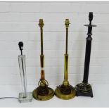 A pair of brass table lamps together with a glass lamp and a faux leather table lamp base, (4)