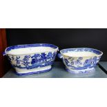 Two Staffordshire blue and white willow patterned tureens, (2)