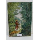 A painted rectangular tile depicting figures in a woodland scene, 18 x 26cm