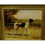 A German Shorthaired Pointer Oil-on-board, signed indistinctly, in an ornate gilt wood frame, 38 x