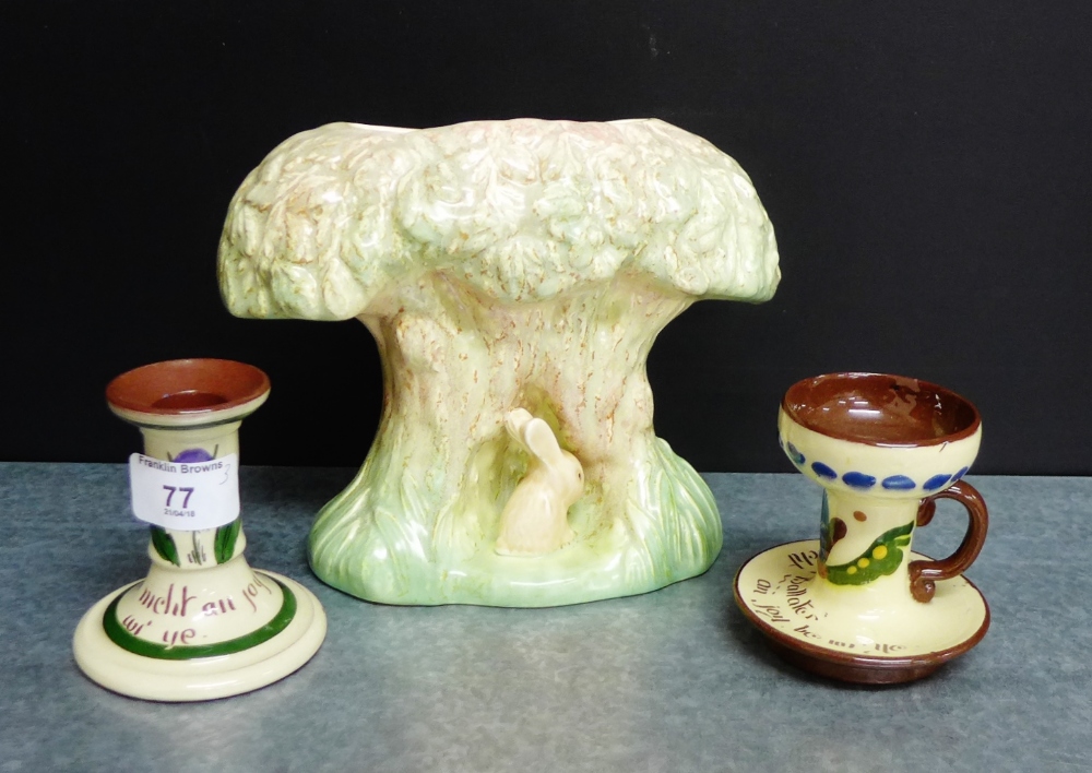 A Sylvac posy, together with a Torquay pottery candlestick and chamber stick, (3)