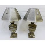 A pair of silvered resin classical urn table lamp bases and shades, 75cm high including shades, (2)