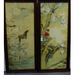 A pair of Japanese watercolours on silk of Geese and Birds etc., in glazed frames, 75 x 30cm, (2)