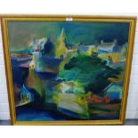 J. Tucker 'Abstract Cityscape' Oil-on-Canvas, signed, in a gilt wood frame, 75 x 70cm