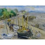 Victorine Buttberg 'Moored Fishing Boats' Mixed Media, signed, in a glazed and silver gilt wood