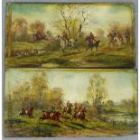 A pair of oil-on-board 'Hunting Scenes', unframed and apparently unsigned, 31 x 16cm, (2)