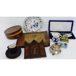 A carton of miscellaneous bric-a-brac and other items to include an icon, a photograph album,