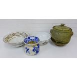 A mixed lot to include a Doulton Burslem blue and white spittoon, a Staffordshire Gardens bowl, a