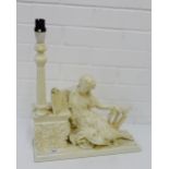 A white painted cast metal figural table lamp of a classical maiden , 40cm high