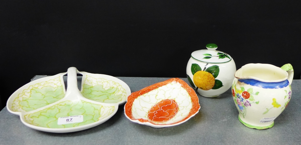 A mixed lot to include a Plichta orange patterned jar and cover, a Burleigh Ware three division