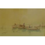 Attributed to Yamada Basuke 'Boats on the River with Figures' Watercolour, signed, in a glazed