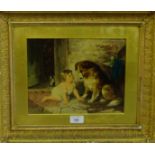 A coloured print of a child, dog and cat, in an ornate gilt wood frame, 27 x 22cm