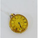 An 18 carat gold cased fob watch, the dial with Roman numerals and foliate engraving to centre, with