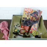 A vintage Bairnswear box containing a selection of miscellaneous items to include a school bell,