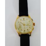 A Gent's vintage 18 carat gold cased Baume & Mercier chronograph wristwatch, the enamel dial with