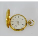 An 18 carat gold full hunter pocket watch, the enamel dial with Roman numerals to the chapter ring