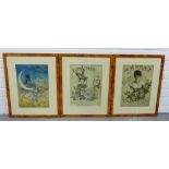 A group of three framed coloured prints to include 'The Arrow Waltz' by Fabion Rose', 'Marche