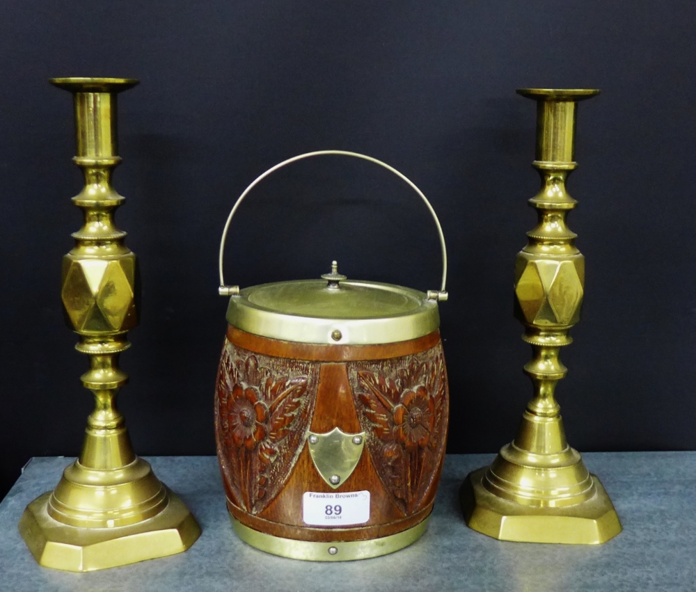 A pair of Diamond Princess knop stemmed brass candlesticks complete with prickers, together with