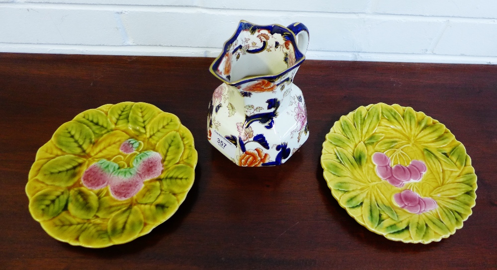 A Mason's 'Mandalay' patterned jug and two fruit and leaf moulded Sarreguimes plates, (3)