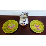 A Mason's 'Mandalay' patterned jug and two fruit and leaf moulded Sarreguimes plates, (3)