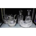 Two cut glass decanter and stoppers, together with two water jugs and a bowl, (5)