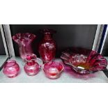 A collection of cranberry and ruby glass to include a bowl, vases and small jug etc., (6)