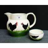 A Griselda Hill pottery Wemyss ware cockerel patterned jug and small bowl, (2)