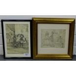 Pen and ink drawing of 'Two Victorian Children in a Parlour', in a glazed frame, together with a