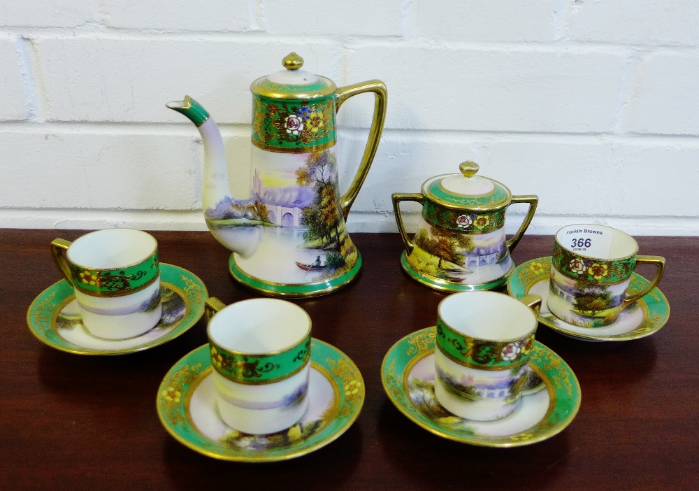 A Noritake coffee set painted with riverside landscape, comprising coffee pot, twin handled sugar