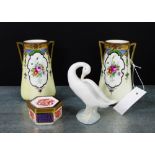 A pair of Noritake porcelain vases, a Lladro Duck and a small Royal Crown Derby 'Imari' patterned