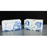 Isis, Oxford blue and white Delft style flower bricks, painted with a river landscape and swans,