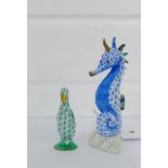 A Herend porcelain Seahorse and a Herend Duck, tallest 10cm, (2)