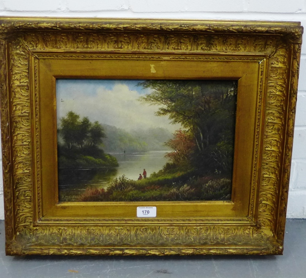 D. Mackensie 'Highland Loch Scene with Fishermen' Oil-on-Canvas, signed indistinctly, in an ornate