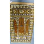 An Eastern silk prayer mat the golden field with minorettes and hanging light pattern with