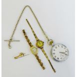 A mixed lot to include two gold plated wristwatches, a chrome plated pocket watch and a 9 carat gold