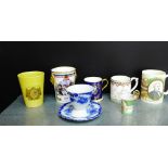 A mixed lot of commemorative cups and tankards to include a Sutherland enamel lion head beaker