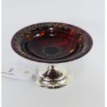 George V silver and tortoise shell bonbon dish, the circular dished top with floral inlaid pique