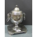 Philip Ashberry & Sons Epns urn and cover with rams head mask ring handles to side, 22cm high