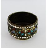 Russian silver and champleve enamel circular salt with floral border and plain footrim, stamped 84