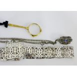 A mixed lot to include an Epns belt, gilt metal lorgnettes and a marcasite and paste set pendant