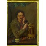 After Adriaen Brouwer 'Card Player Smoking a Clay Pipe' Oil-on-Metal, contained within an ornate