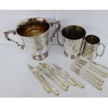 Epns wares to include a twin handled trophy cup, tankard, Christening mug and set of six fruit