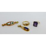 A collection of 9 carat gold to include turquoise set bar brooch, pendant , dress ring and a 14